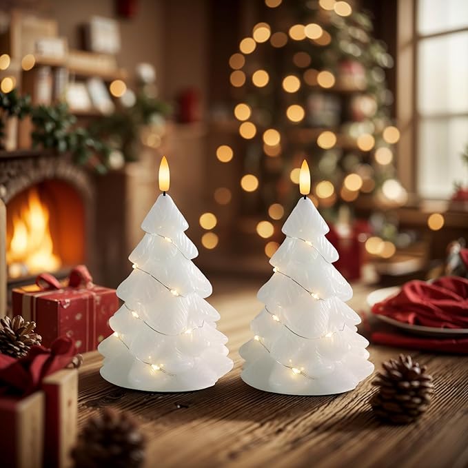 Homemory Christmas Tree Candles with Remote, 2 Pcs Waxy LED Flameless Candles Flickering, White Electric Lights Battery Operated for New Year Celebration Holiday Decorations 7.5 Inches