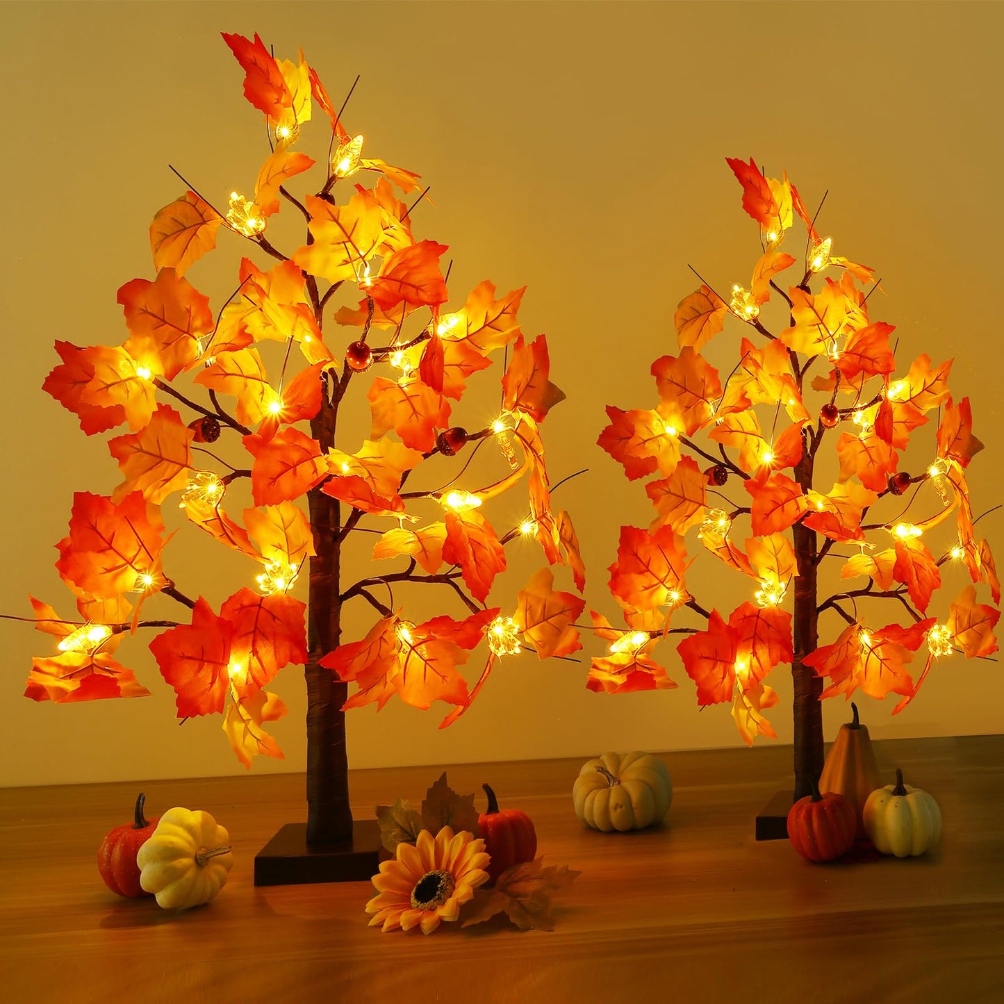Joyhalo 2 Pack 23.5 Inch Fall Trees with Lights, Timer Battery Operated Fall Light Up Tree for Thanksgiving Autumn Home Office Room Indoor Decorations, Faux Fall Lighted Maple Trees Decor