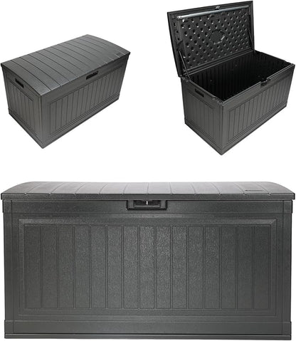 Suncast 80-Gal. Waterproof Resin Large Outdoor Patio Deck Box with Pad-Lockable Lid, Modern Outdoor Patio Bench/Storage Box for Cushions, Garden Tools, and More, Iron Ore