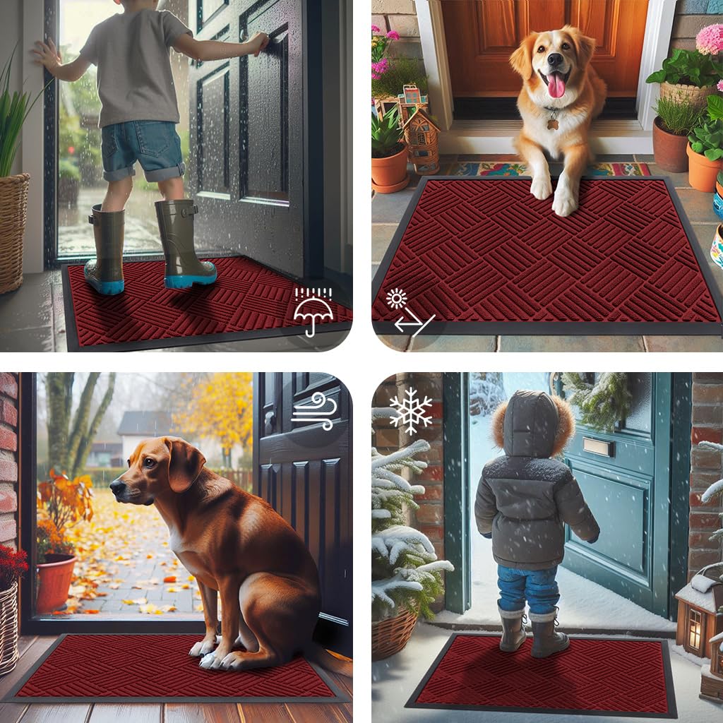 Smiry Front Door Mat Outside Entrance, Heavy Duty Outdoor Indoor Mat, Natural Rubber Doormat, Non Slip, Trap Dirt and Moisture, Easy Clean, Low Profile Patio Porch Entryway Mat, 47x32, Wine Red