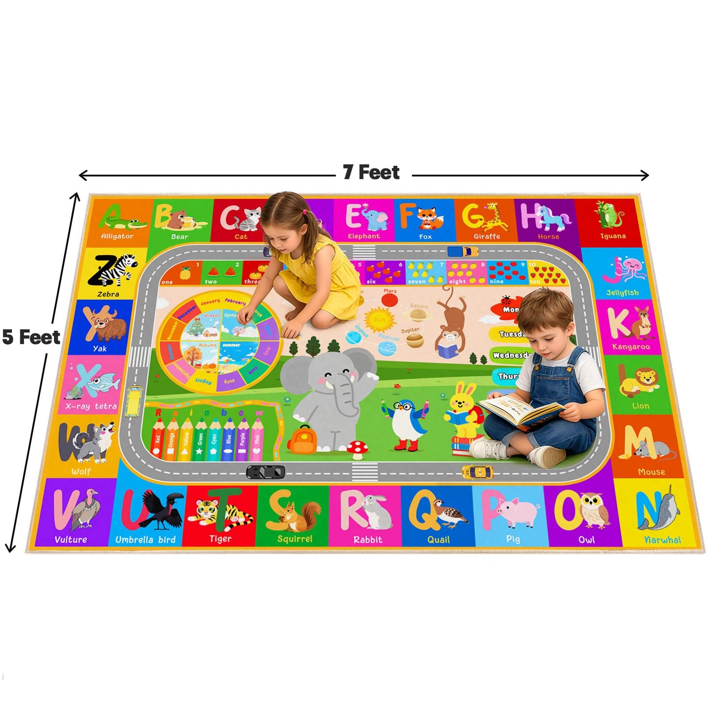 Pionblank Kids Rug for Playroom Classroom, 5x7 Area Rugs Playmat for Learning Animal Alphabet Fruit Numbers Color Season Month,Washable Non Slip Carpet for Toddler Nursery