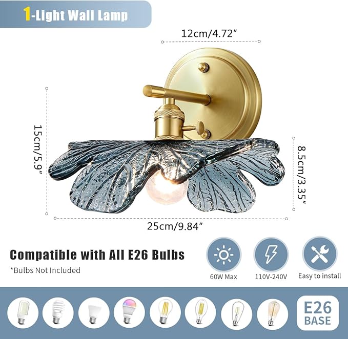 Vintage Bathroom lighting fixtures Gold Bathroom Vanity Light Hand Blown 1-Light Modern Wall Sconce Indoor Wall Light with Blue Glass Shade Mid Century Wall Lighting for Bedroom Hallway Living Room