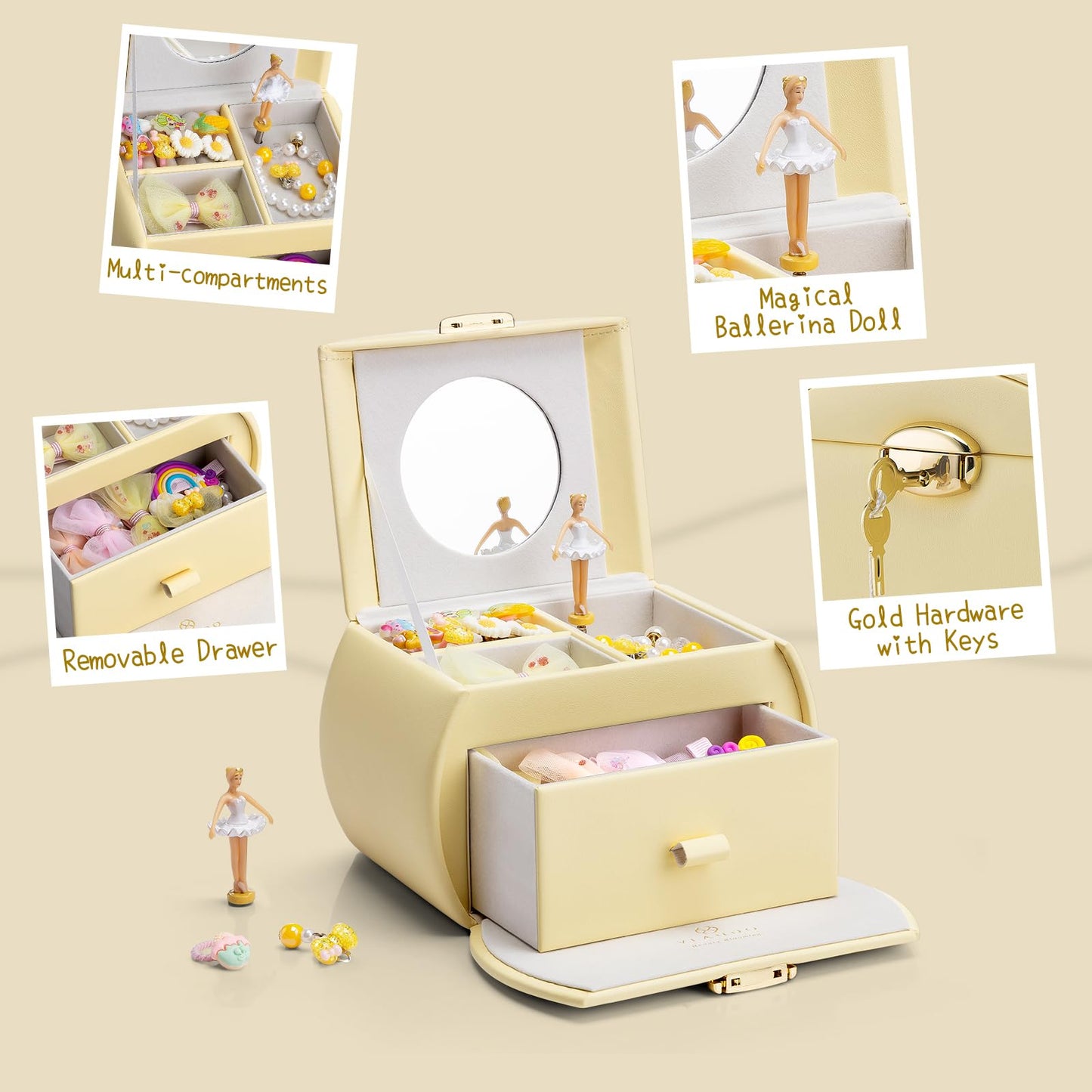 VLANDO Kids Musical Jewelry Box for Girls with Drawer, Music Box with Ballerina and Stickers for Birthday Bedroom Decor, Gifts for Girls Kids Christmas Thanksgiving Gifts 2024 - Yellow