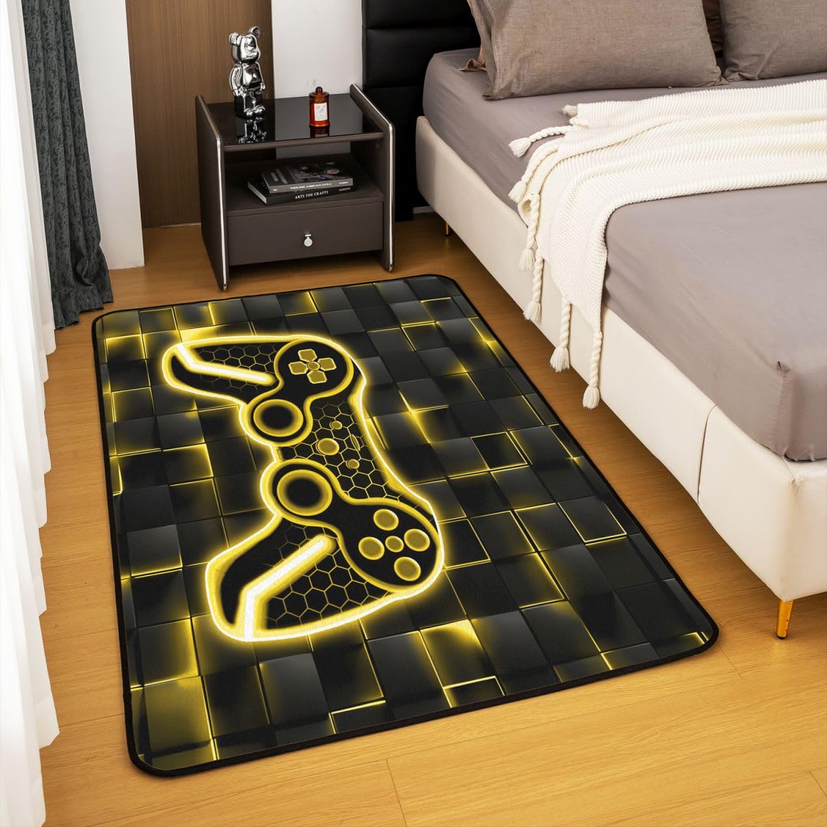 Feelyou Kids Gamer Area Rug 5x7 Yellow and Black Rugs for Living Room Bedroom for Boys Teens Decor Gaming Ombre Decorative Rug Set Geometric Square Indoor Floor Mat