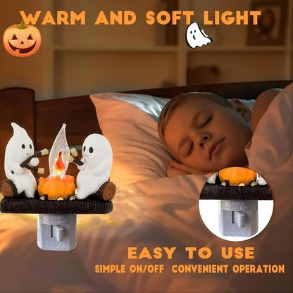 Ghost Campfire Nightlight,Halloween Campfire Flickering Night Light,3D Spooky Fire Marshmallow Night Light for Halloween Decor (Cute Ghost)