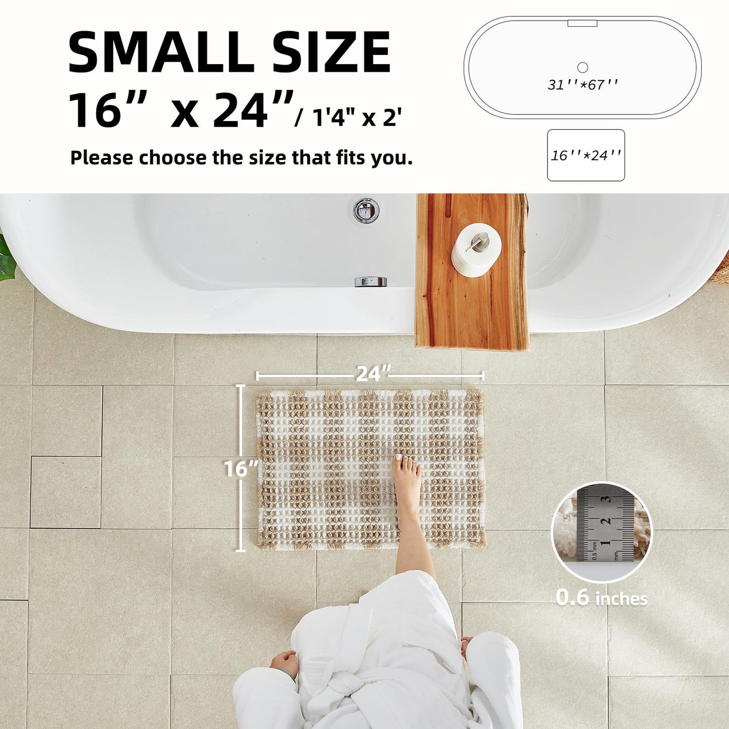 TYUU Waffle Bath Mat, Boho Bathroom Rugs Non Slip Washable Absorbent Checkered Bathroom Mat Quick Dry Farmhouse Bathroom Decor, 24"x16" Khaki and White