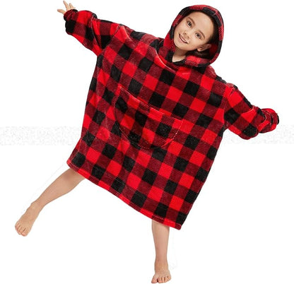 Wearable Blanket Hoodie Red Plaid Warm Sweatshirt Hooded Blanket One Size Fits All