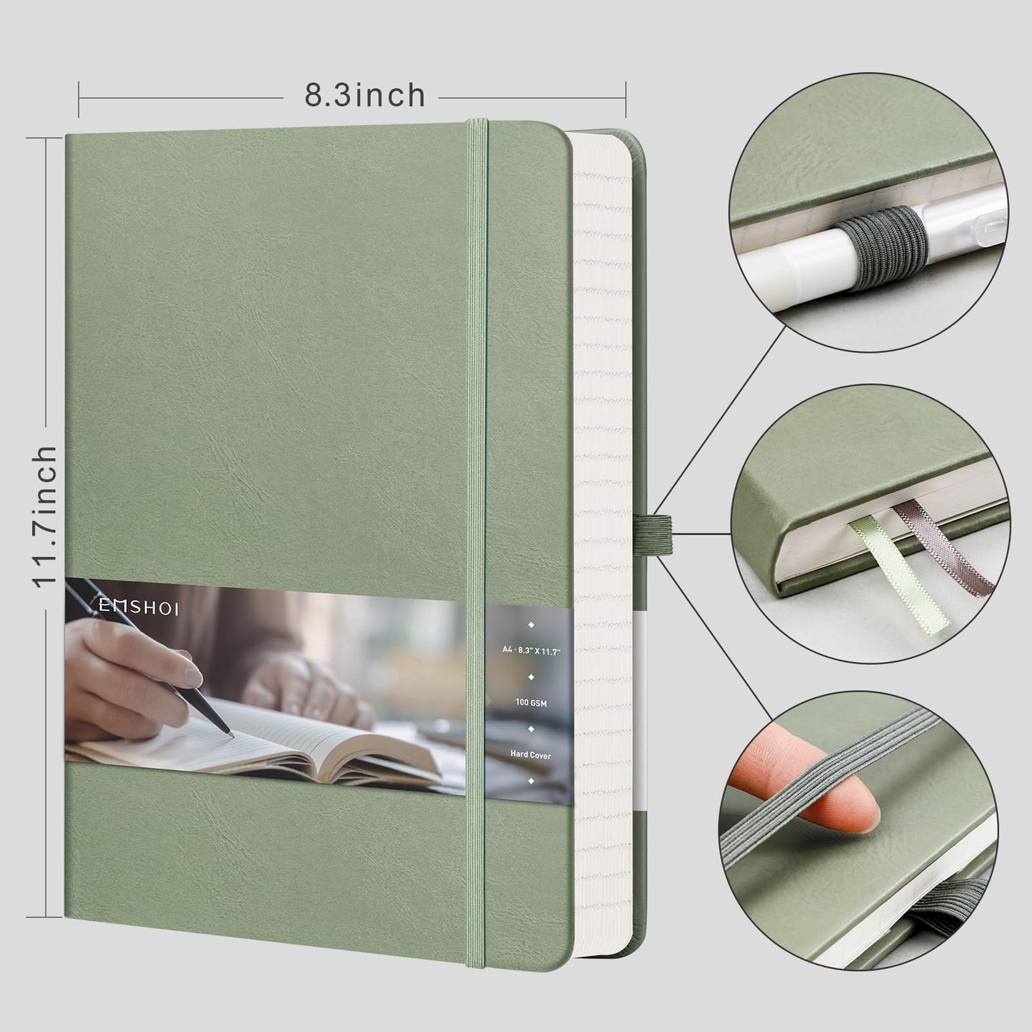 EMSHOI A4 College Ruled Notebook, Large 8.3" x 11.7", 192 Pages 100GSM Ink-Proof Faux Leather Hardcover Lay-Flat Lined Journal for Office School Work Writing, Green