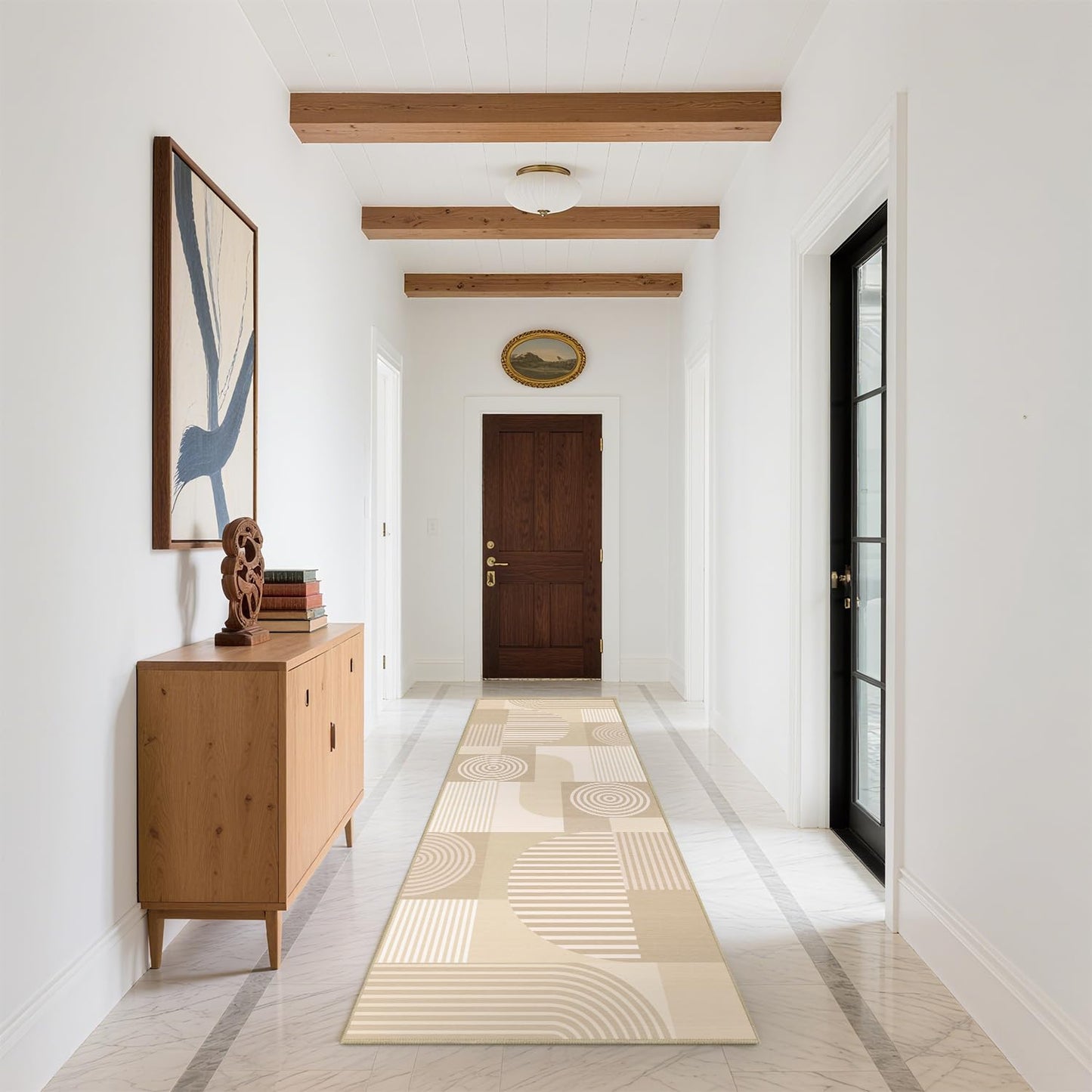 Glocmna Beige Geometric 2x6 Runner Rug for Hallway Kitchen Bedroom White Machine Washable Mid Century Modern Rug Non Slip Low Pile Minimalist Line Rugs Long Floor Mat Carpet for Bathroom Laundry,Beige