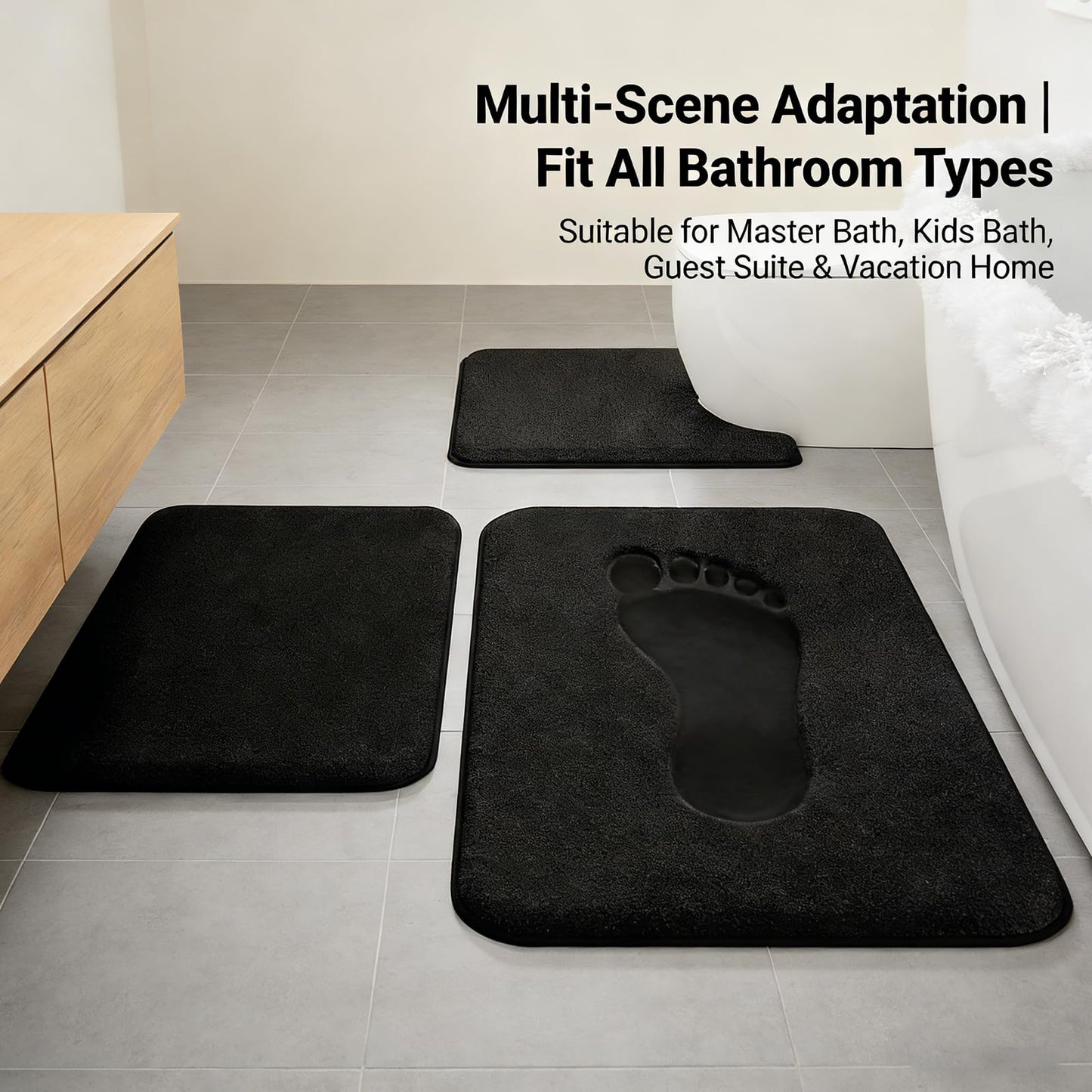 Black Bathroom Rug Set Memory Foam Bath Mats 3 Piece with Toilet Mats, Soft & Supportive, Shock Absorbing, Water Absorbent, Non-Slip Bath Rugs, Machine Washable, Area Rug, Home Decor Accessories