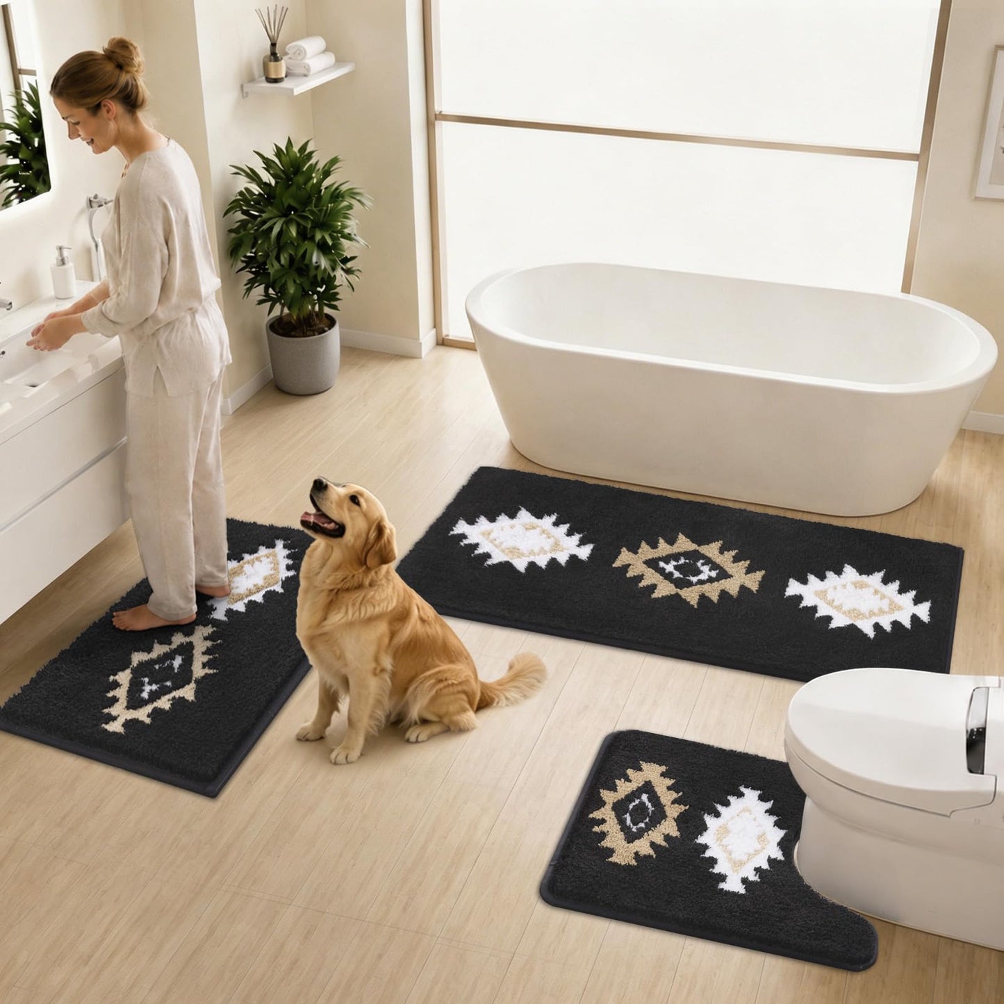 HEBE Boho Bathroom Rugs Set 3 Piece, Non Slip Washable Bath Mat Set, Ultra Absorbent Microfiber Bathroom Mats with U-Shaped Contour Toilet Rug, Aztec Western Bath Carpet Set for Tub, Shower