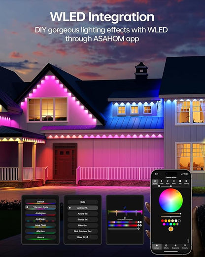 ASAHOM Permanent Outdoor Light Pro S108C, 150FT with 108 RGBCW 70lm LED, WLED Integration, AI Lighting, 30000 Lighting Effect Combination, IP67 Waterproof for Halloween Christmas Daily Decor, Black