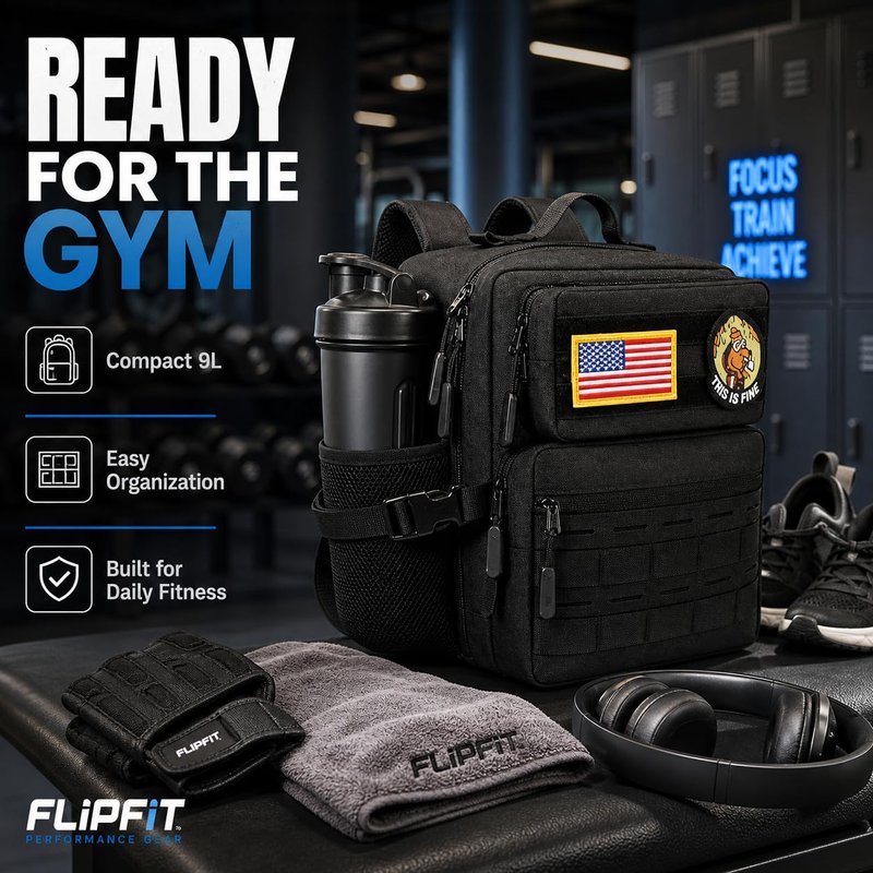 flipfit 9L Mini Tactical Backpack Small Military Gym Bag for Men Women Molle Daypack Camping Backpack with Patch (Black)