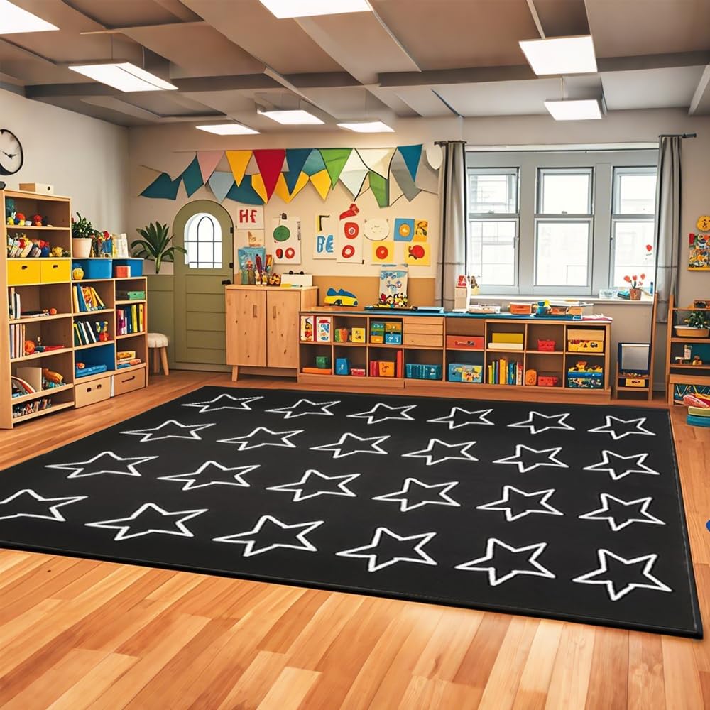 MAISONRINA Large Black and White Classroom Rug Elementary with Seating Spots, Stars Classroom Rugs for Preschool Nursery Daycare, Educational Kids Carpet for Kindergarten, 13'x7'7'' Seats 24(Black)