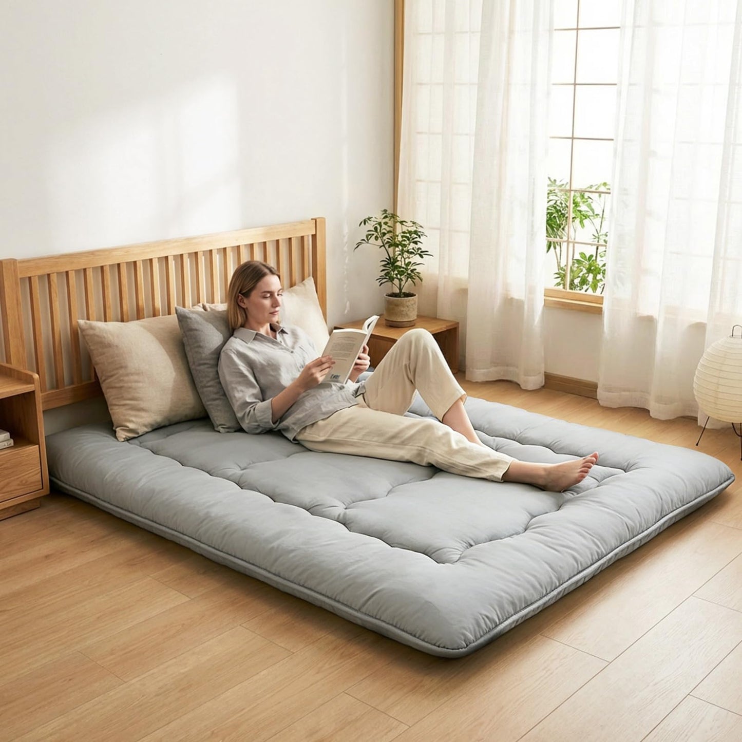 DUMOS Japanese Floor Mattress Queen Size, Futon Mattress Foldable with Removable Washable Cover, Portable Roll Up Tatami Mat for Small Bedroom, Couples, Family Movie Night and Home Use, Gray
