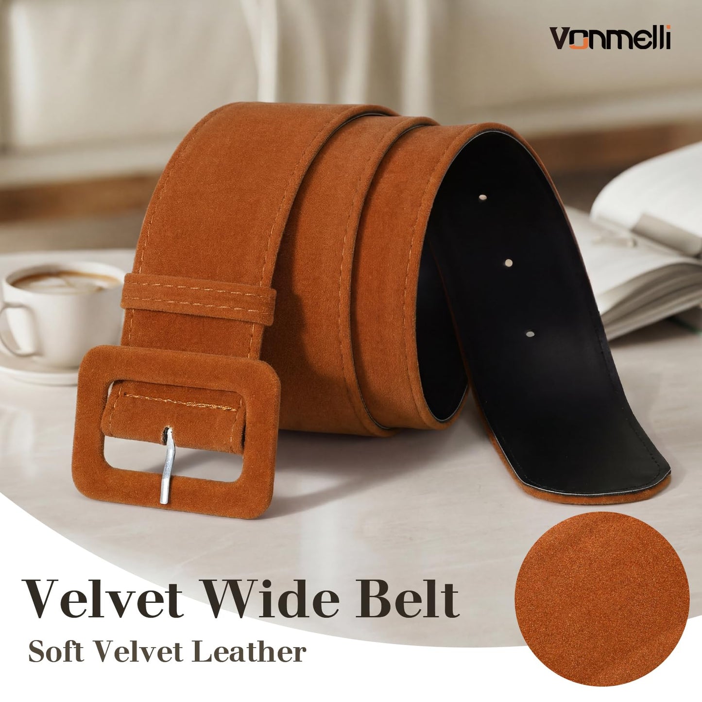 VONMELLI Women Wide Velvet Belt for Dresses Brown Thick Chunky Waist Belt with Vintage Square Buckle, S
