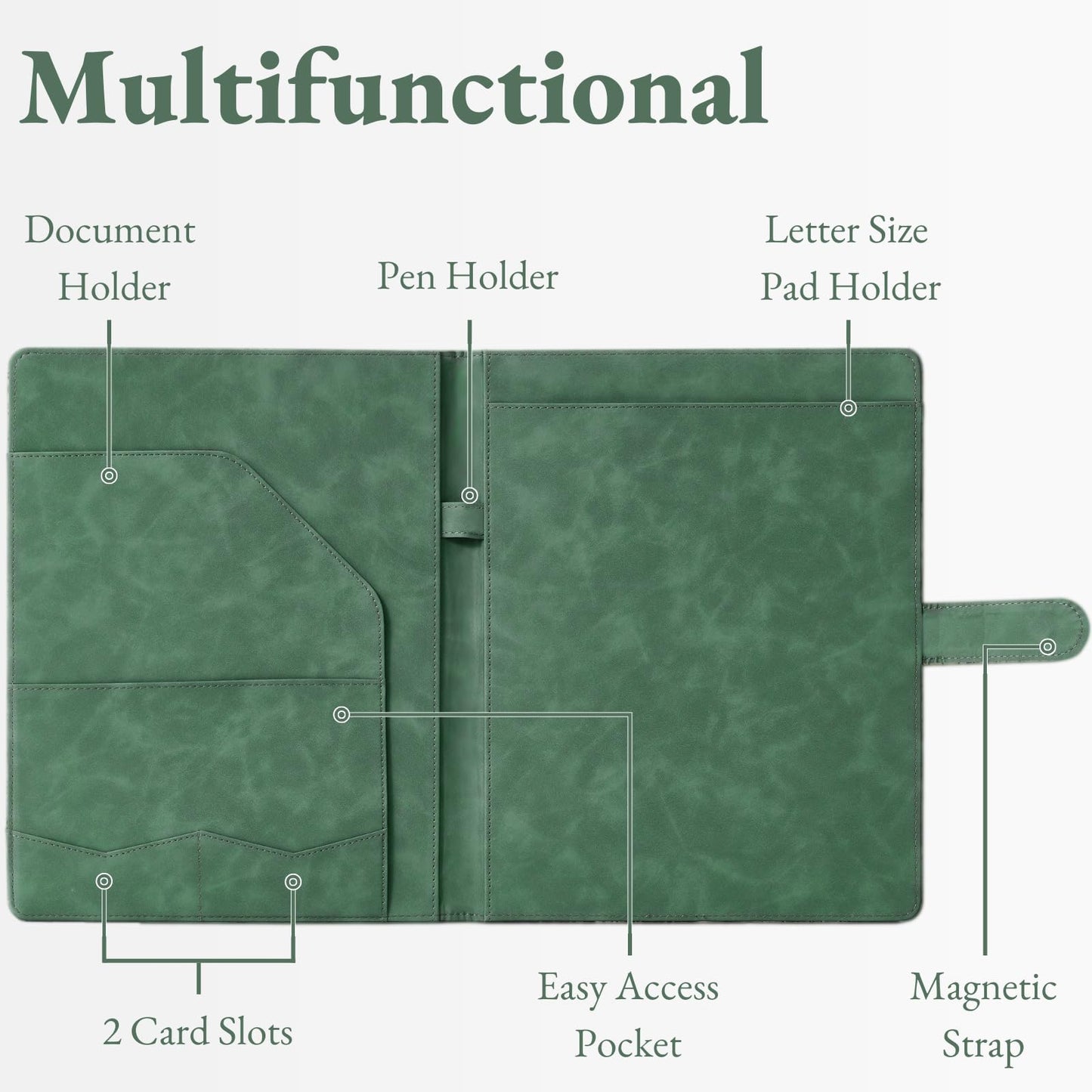 Mymazn Padfolio Portfolio Binder, Faux Leather Interview Resume Folder with Document Organizer & Business Card Holder, Letter-Sized Notepad Legal Pad Holder for Women Men (Green)