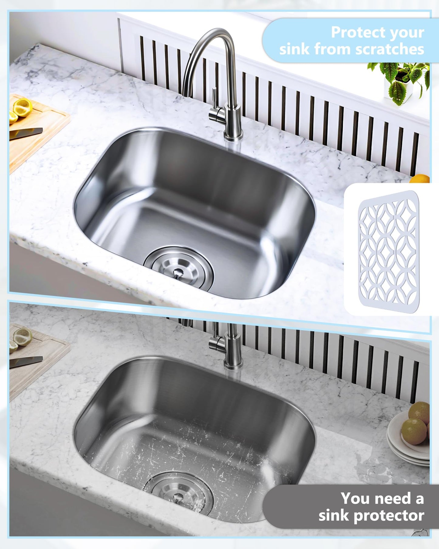 BEHOK 2 Pack 12 x 11 inches Small Silicone Sink Mat, Feng Shui Coin Pattern Heat-resistant Sink Protector for Kitchen Sink with Lucky Coin Design, DIY Cut-to-fit Drain (White)