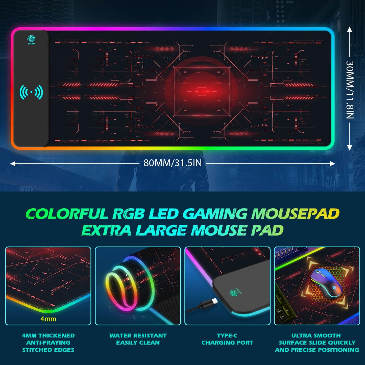 ToLuLu RGB Gaming Wireless Charging Mouse Pad, 5/7.5/10/15W 10 Light Modes LED Mouse Pad Computer Keyboard Mat Mousepad, 800x300x4MM Extended Large Desk Mat for Gaming, MacBook, Laptop, PC, Galaxy