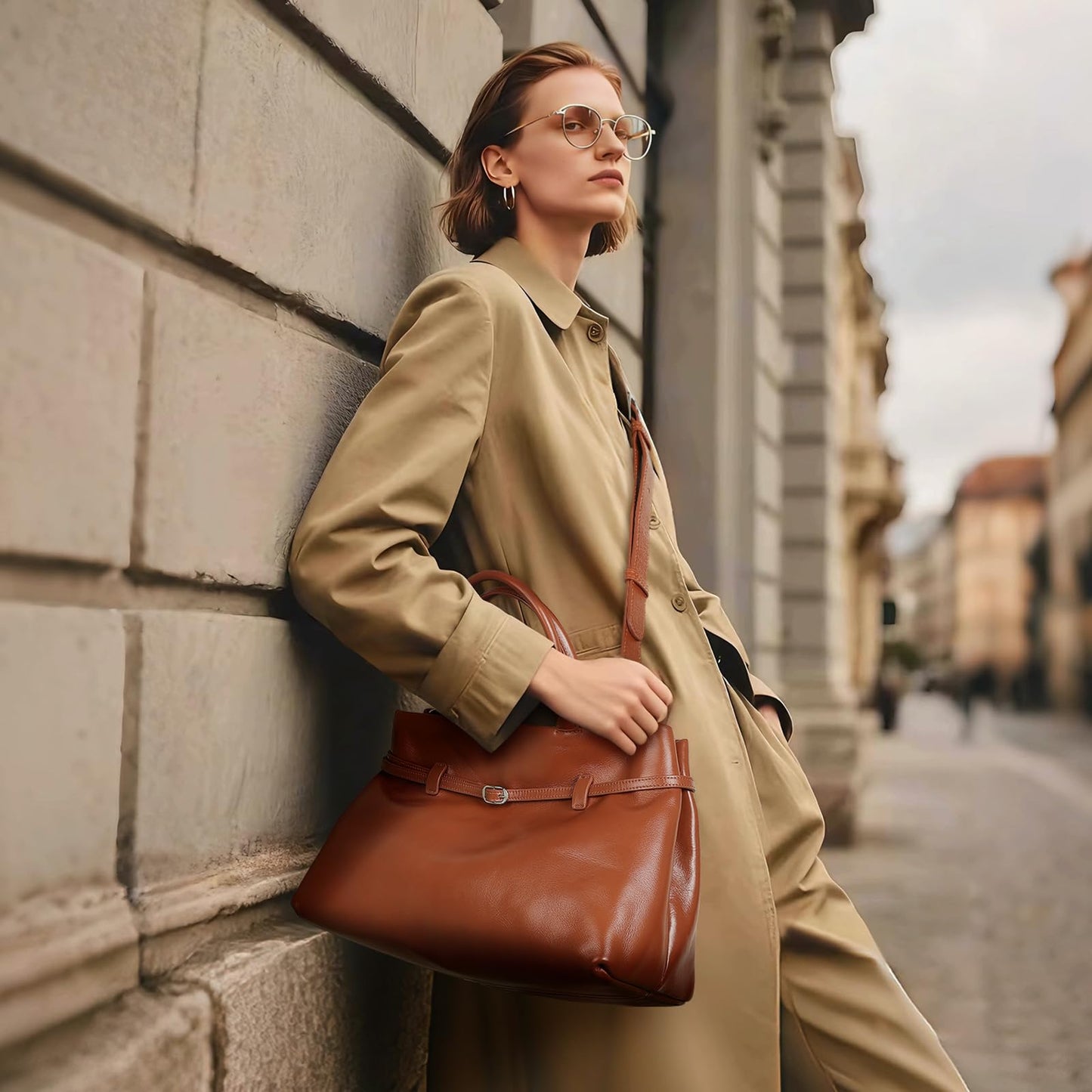 Masa Kawa Genuine Leather Tote Bag for Women with Long Strap, Waterproof Expandable Top-Handle Handbag, Shoulder Crossbody Bag for Daily Work, Caramel Brown