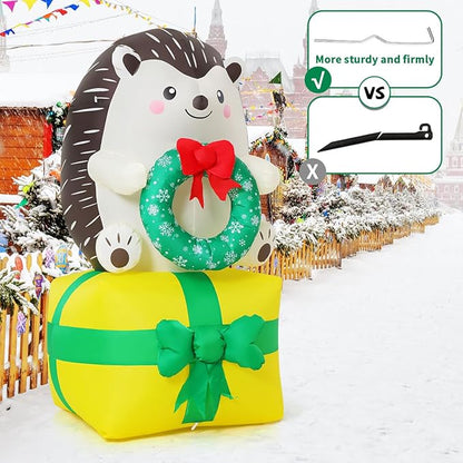 COMIN 5 FT Christmas Inflatables Outdoor Decorations Inflatable Hedgehog On Present Christmas Box Blow Ups with Built-in LEDs for Yard Party Lawn Decor