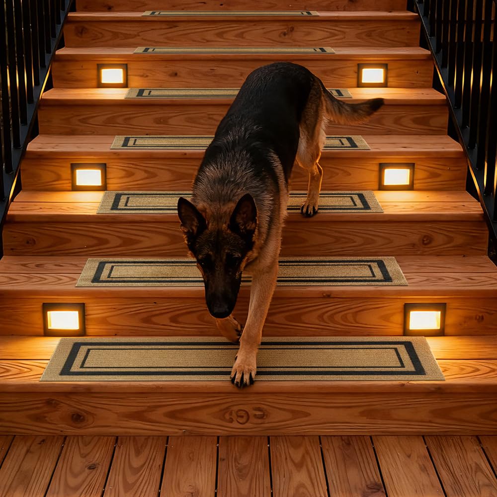 Outdoor Stair Treads for Wooden Steps, Non-Slip Rubber Brown Stair Runner Rugs, 2 Pcs 8.5" x 30" Heavy Duty Stair Mats for Outside Steps, Weatherproof Grip for Elders, Dogs & Kids, Black Border.