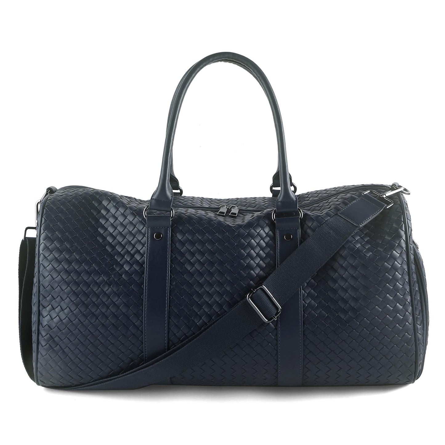 Weekender Bags for Women Woven Leather Travel Duffle Bag with Shoe Compartment, Carry On Garment Bag for Men Women, Large Capacity Water-resistant Gym Tote (Dark Blue)