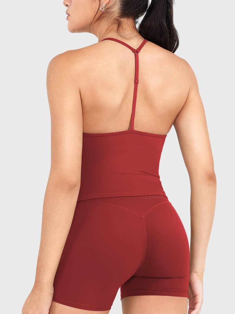 YEOREO CoreFlex Women's Impact Halter Tank Top Strappy Padded Open Back Deep V Neck Built-in Bra Workout Gym Crop Tops Maroon XL