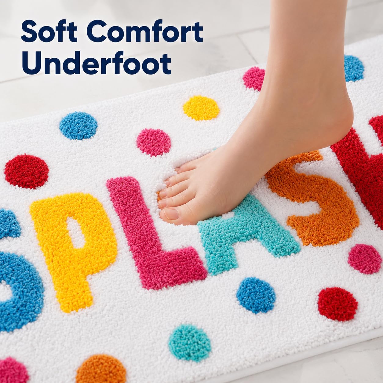 HAIWAOO Splash Bathroom Rug 17x24, Soft Colorful Letter Bath Mat, Absorbent Microfiber Bath Rug with Non Slip Backing, Machine Washable Rug for Kids and Family Bathroom, Tub, Shower, Sink