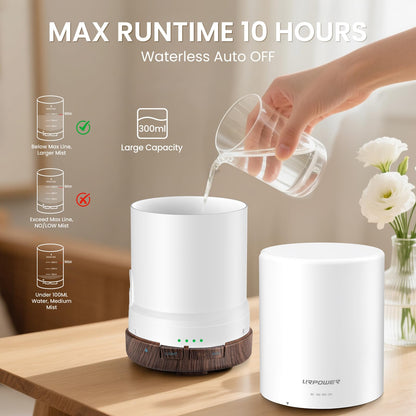 URPOWER 300ml Aromatherapy Essential Oil Diffuser Ultrasonic Air Humidifier AUTO Shut Off Scent Diffuser Night Light 7 Color Changing LED Lights and 4 Timer Settings for Bedroom Office Home