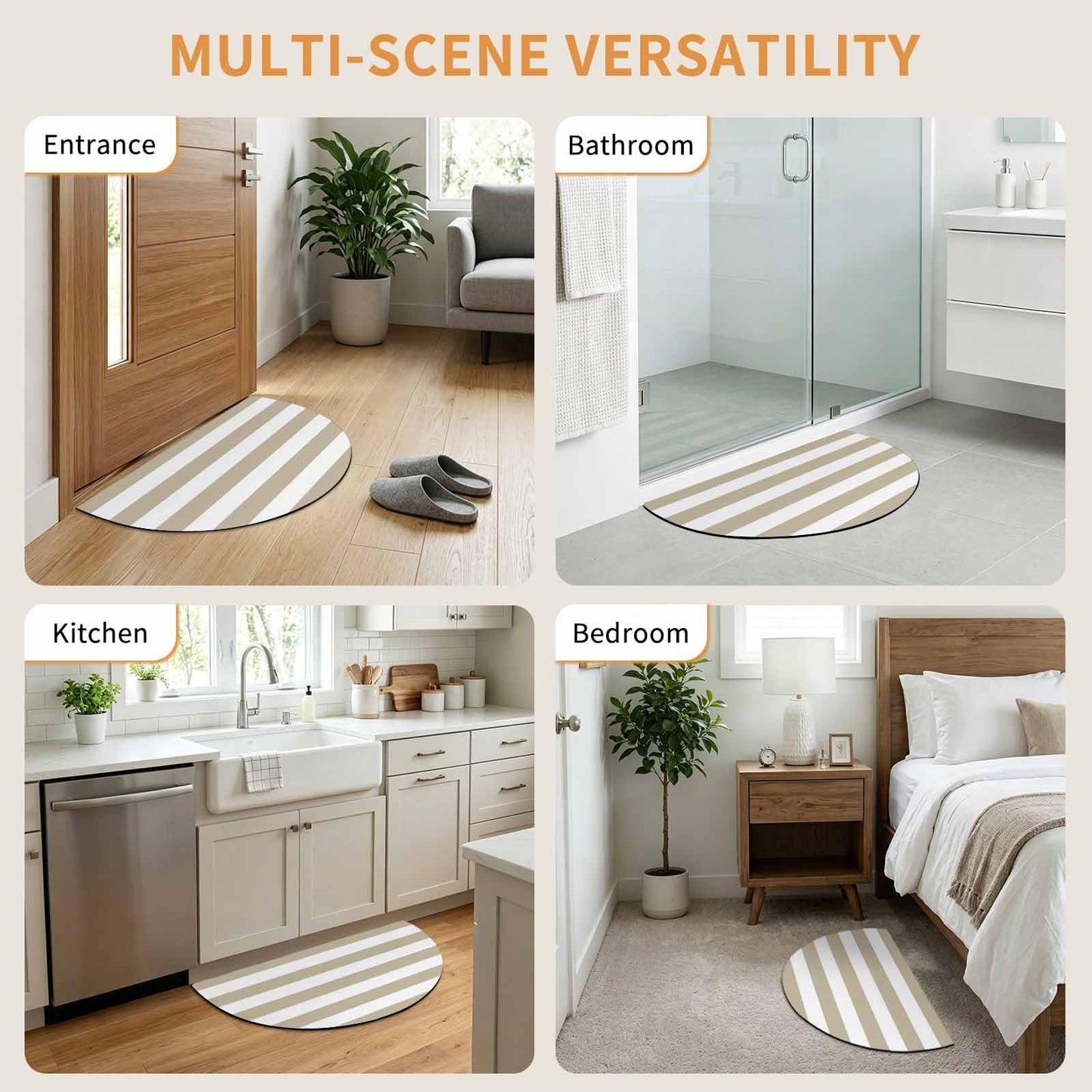 Half Circle Bath Mat Classical Stripe Semicircular Doormat Soft Non Slip Absorbent Quick Dry Diatomite Stone Area Rugs Khaki Drying Shower Mat for Bathroom Floor Bathtub Entryway Porch Kitchen 18"x30"