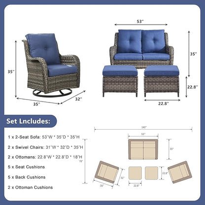 Rilyson Wicker Patio Furniture Set - 5 Piece Rattan Outdoor Sectional Conversation Sets with 2 Rocking Swivel Chairs,2 Ottomans and 1 Loveseat for Porch Deck Garden(Mixed Grey/Blue)