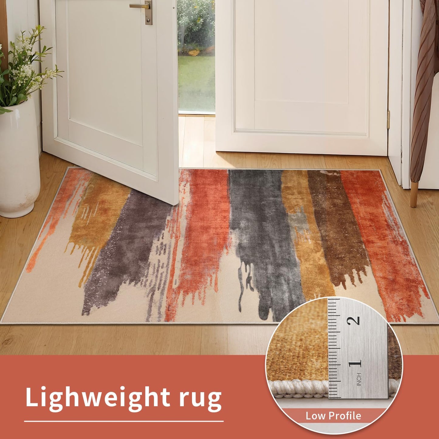 Ciicool Modern Abstract Rug for Living Room, 5'x7' Machine Washable Area Rug Non-Slip Rug, Low-Pile Contemporary Indoor Dining Floor Carpet for Bedroom Office Under Table Home Decor Red Yellow Gray