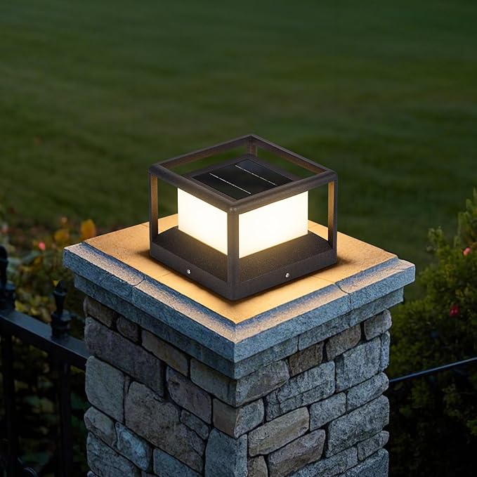 Solar Post Light Outdoor, 9.1" Modern Pillar Lamp Waterproof, Aluminum Column LED Lantern Fence Deck Cap Lights Dusk to Dawn, 3000K Landscape Lighting for Patio Driveway Pathway Garden Entrance