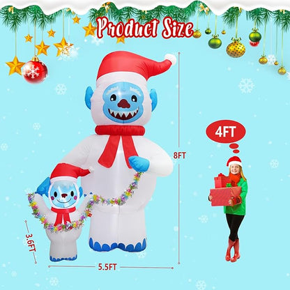 8FT Christmas Inflatables Yeti Family with Santa Hat, Christmas Blow up Yard Decoration Inflatable Snowman Monster Built-in 4 LED for Christmas Decorations Outdoor Indoor Xmas Gifts