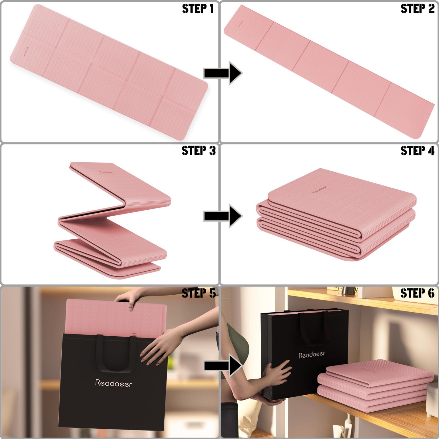 READAEER Foldable Yoga Mat for Travel Folding Yoga Mat 6mm Thick with Carrying Bag, Non-Slip TPE Exercise Pilates Mat for 72" L x 24" W x 0.24 Inch (Pink)