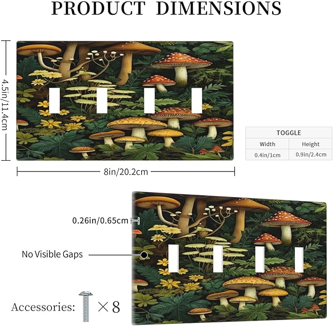 Mushrooms Forest Nature Botanical Art Light Switch Covers Quad Toggle 4 Gang Wall Plate Decorative Switchplate Electrical Faceplate for Farmhouse Living Decor