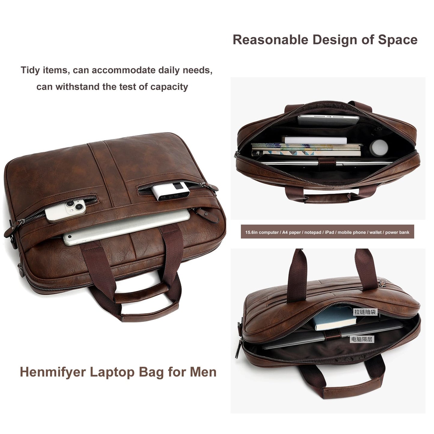 Henmifyer Men's Leather Messenger Bag, Laptop Briefcase Business Satchel Computer (Brown, 16 inch)