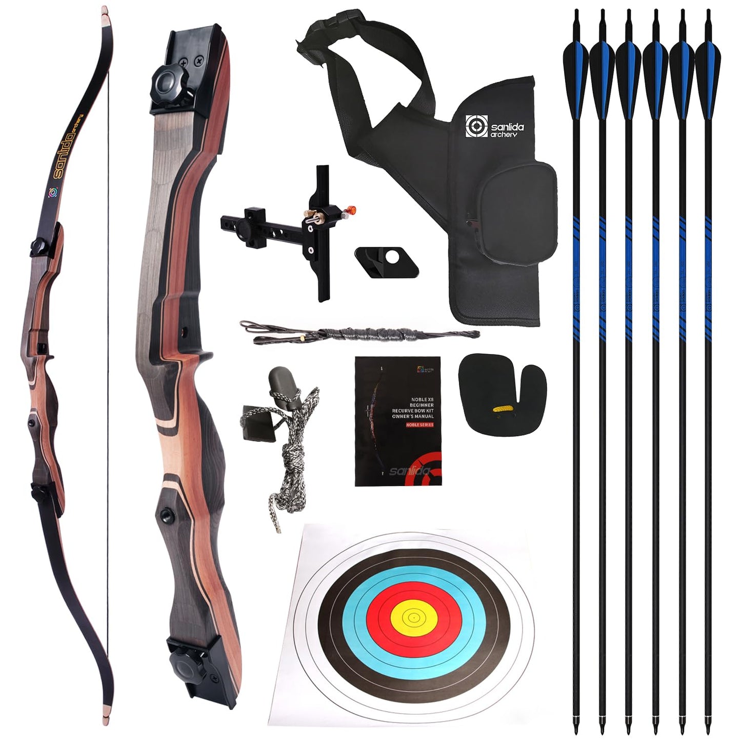 Sanlida Noble Standard Beginner & Intermediate Recurve Bow and Arrows Kit for Adult and Youth, Wooden Takedown Recurve Bow Package for Training, Practice & Competition RH Only (68", 36lbs)