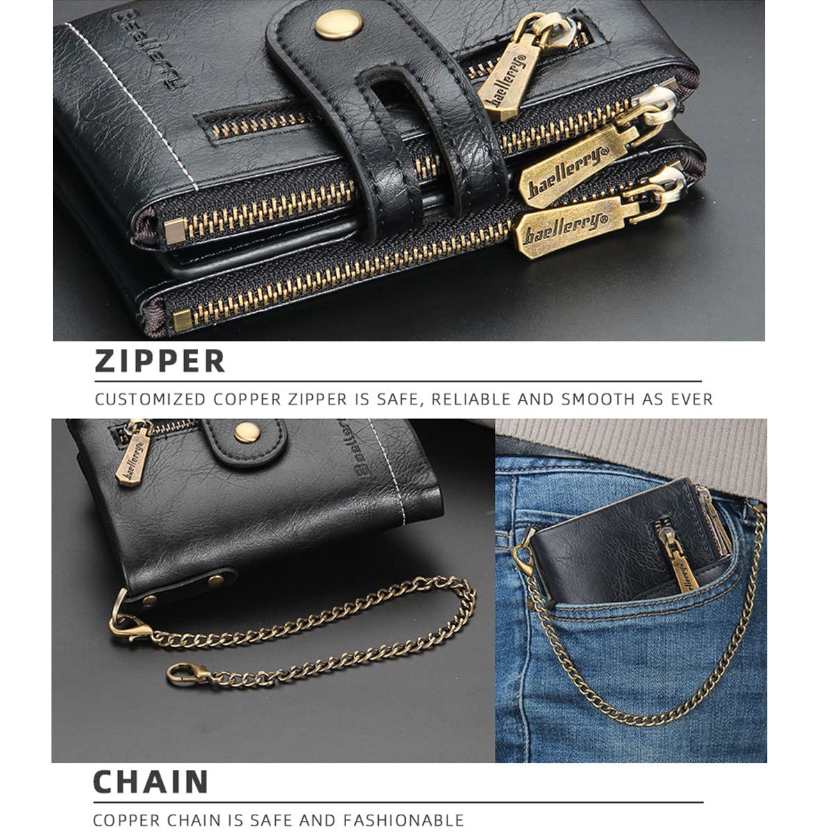 SUMGOGO Wallets for Men Bifold Leather Wallets with Chain RFID Blocking Double Zipper Coin Pocket Short Purse (Coffee)