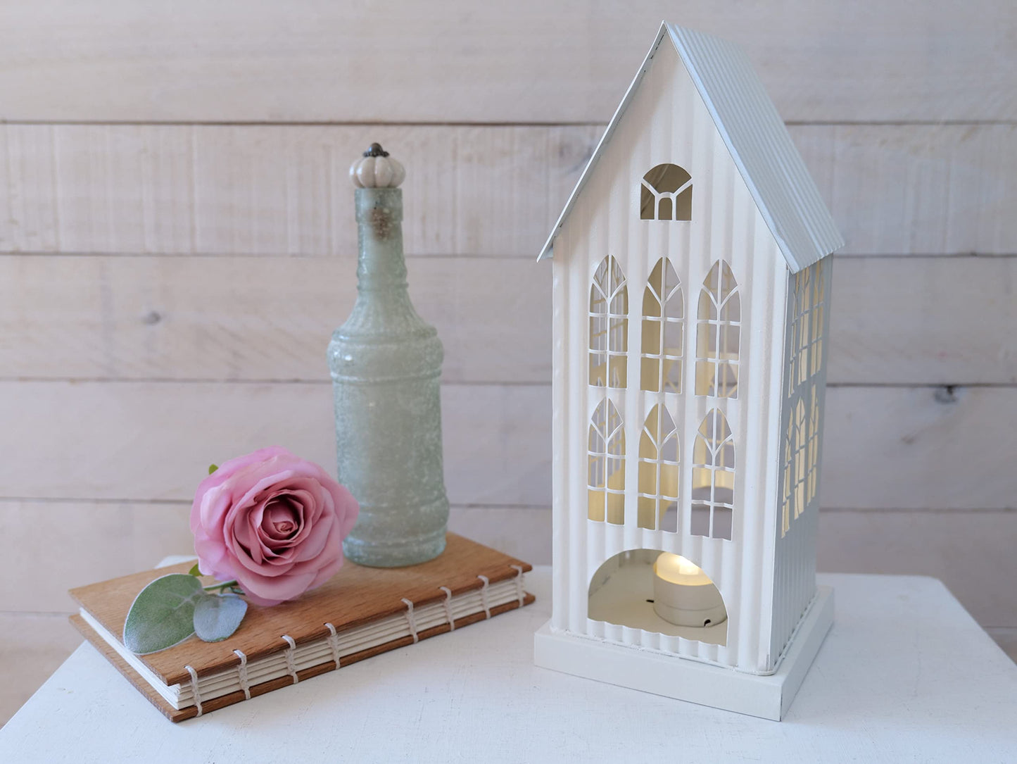 Orchid & Ivy 12.5-Inch Tall Rustic White Galvanized Metal Decorative Tin House Candle Holder Country Farmhouse Tabletop Mantel Shelf Tea Light Lantern Indoor Outdoor Home Decor