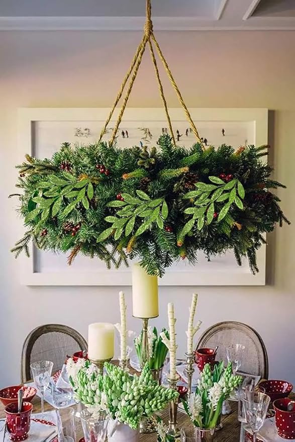 DILATATA 6Pcs Christmas Glitter Leaves Bay Leaves Spray 24" Artificial Green Bay Leaf Picks Sprays Giltter Stems for Halloween Centerpiece Christmas Home Decor Home Decor - Green