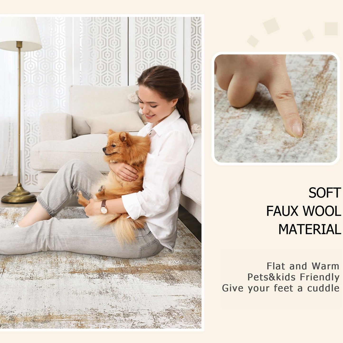 famibay Machine Washable Area Rugs 8x10 Rugs for Living Room Low Pile Neutral Area Rug Large Dining Room Rugs for Under Table Rubber Back Abstract Carpet for Living Room Under Bed(Beige/Camel