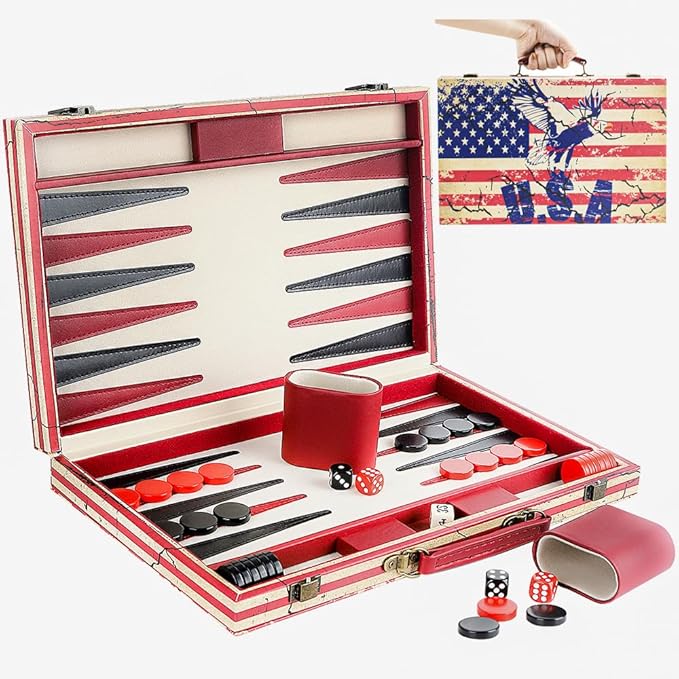 15 Inches Backgammon Sets for Adults Leather Travel Backgammon Set with American Flag Design Classic Board Game for Friends Party or Family Game Night