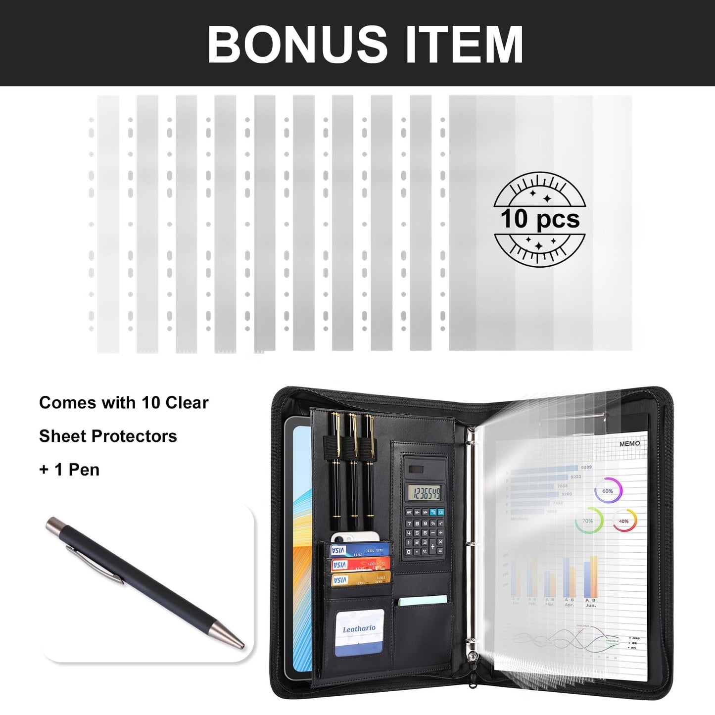 Leathario Portfolio Binder, Includes 10 Sheet Protectors and a Pen, 13 Inch Tablets Organizer, Vegan Leather A4 Padfolio, Multi-Pocket Notepad Business Planner Professional 3 Ring Document