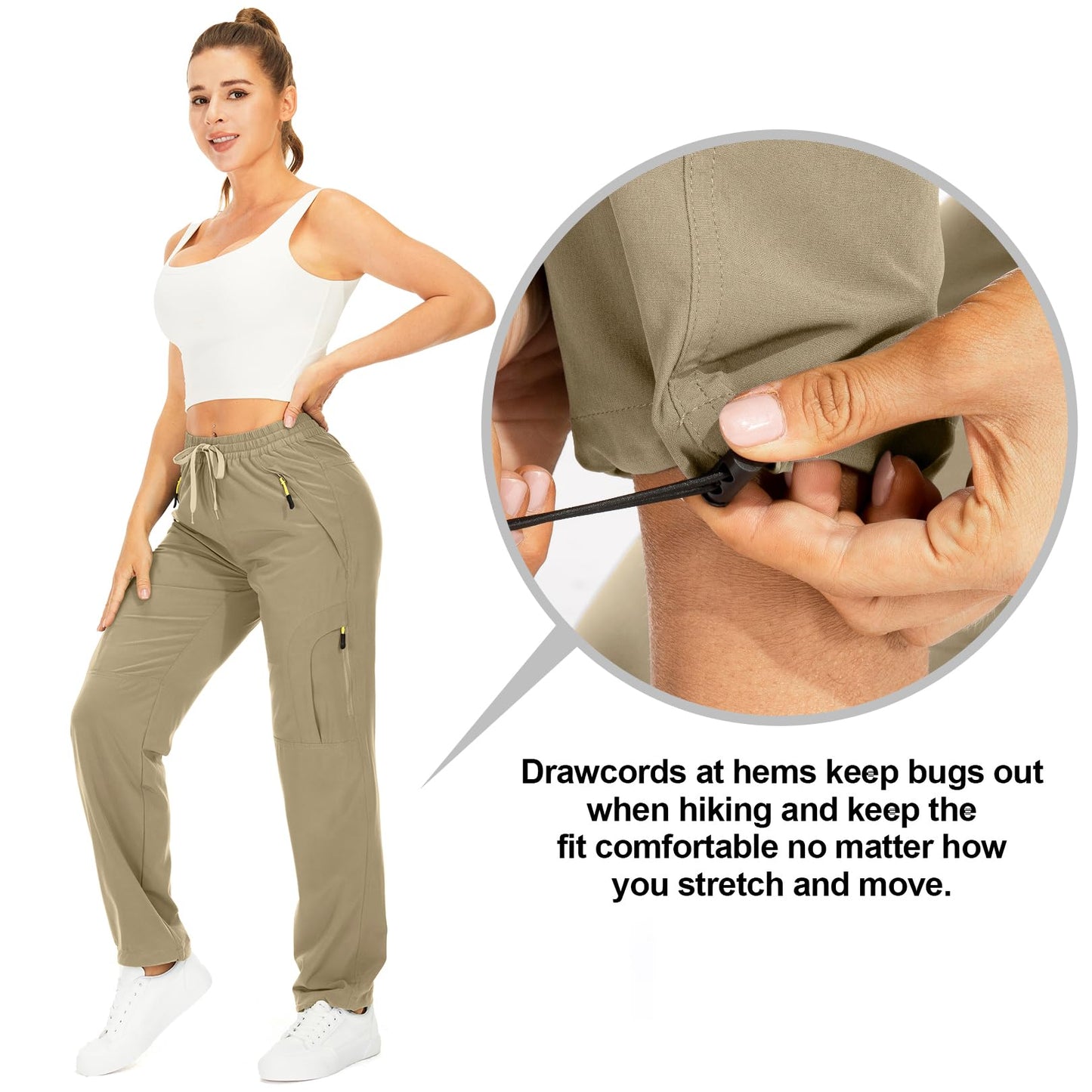 Womens Hiking Pants Sun Protection Quick Dry UPF 50 Lightweight Travel Golf Cargo Safari Pants Zipper Pockets,6608,Khaki,Tall XS