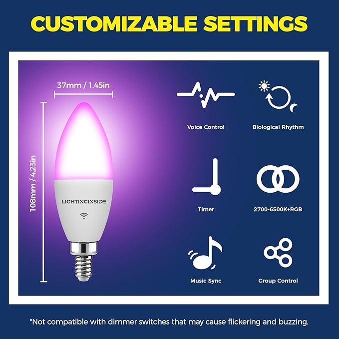 Lightinginside E12 Smart Light Bulbs 60W Equiv., Work with Alexa/Google Home/Smart Life, 500LM 6W RGBCW Candle Candelabra LED Light Bulbs, No Hub Required, 2.4G WiFi Bluetooth Bulb, ETL Listed, 1PC