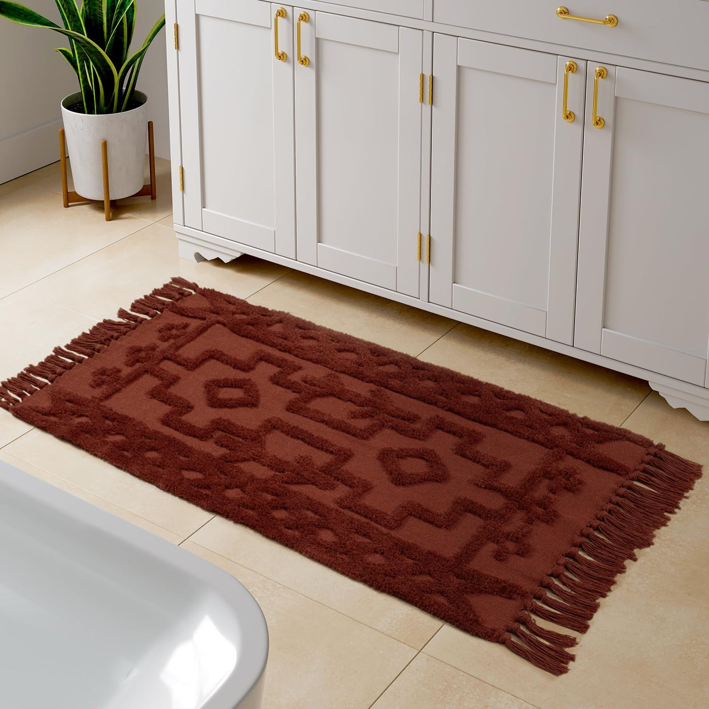 Uphome Boho Bathroom Runner Rug 2' x 4.3', Washable Woven Cotton Bedroom Runners, Terracotta Aesthetic Tufted Entryway Runner Rugs, Bohemian Tribal Throw Rug for Bedside Living Room Laundry Kitchen