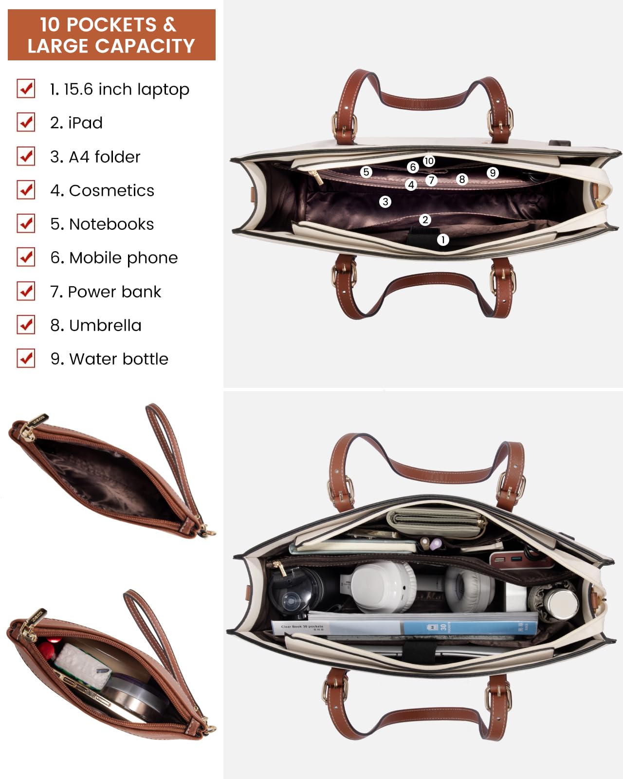 LOVEVOOK 15.6 Inch Laptop Bag for women, Large Waterproof PU Leather Work Briefcase with USB Charging Port Casual Computer Bag Messenger, Fashion Business Office Tote Handbag Purse, White-Brown