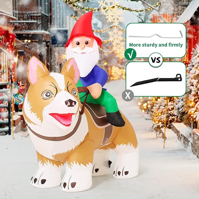 COMIN 5.5 FT Christmas Decorations Outdoor Inflatables Gnomes Ride Corgi Dog Blow Ups with Built-in LEDs for Yard Party Lawn Decor